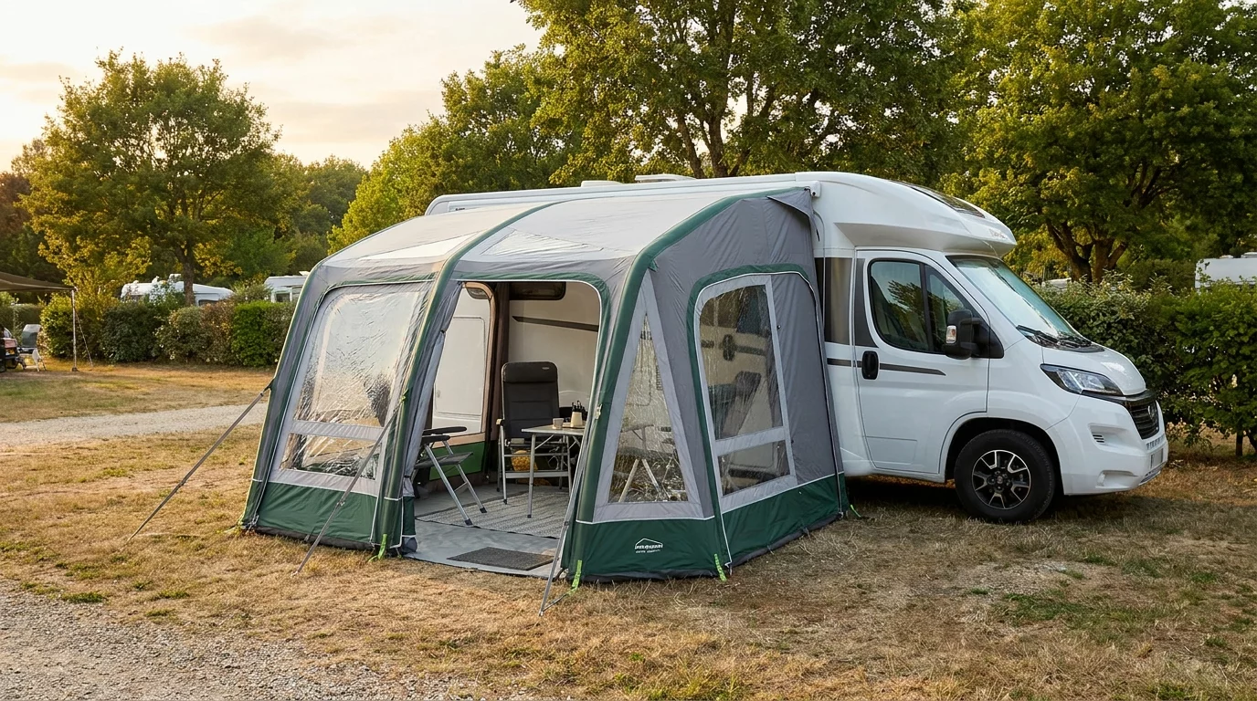 Auvent gonflable installe devant camping-car