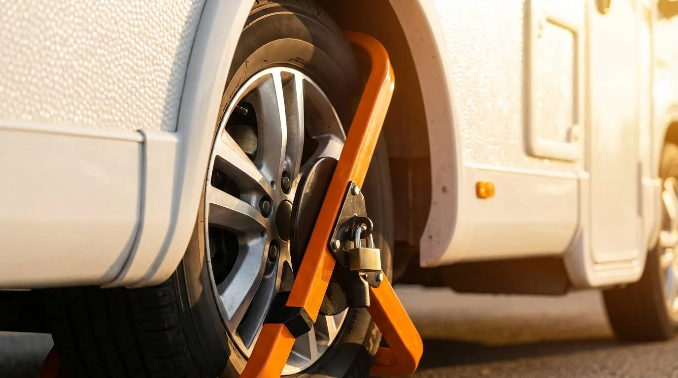 Bloque-roue antivol installe sur roue de camping-car