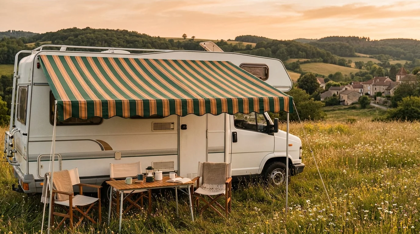 Camping-car avec store deploye et mobilier exterieur installe