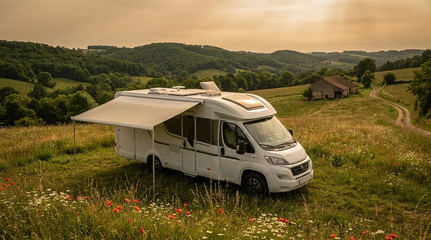 Camping-car equipe en pleine nature avec panneaux solaires et store deploye