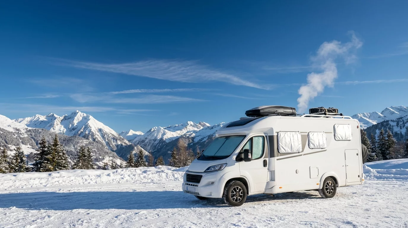 Camping-car en montagne enneigee avec equipement hivernage