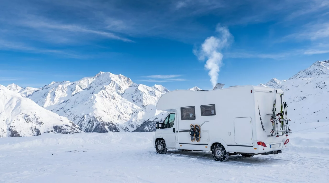 Camping-car stationne en montagne enneigee