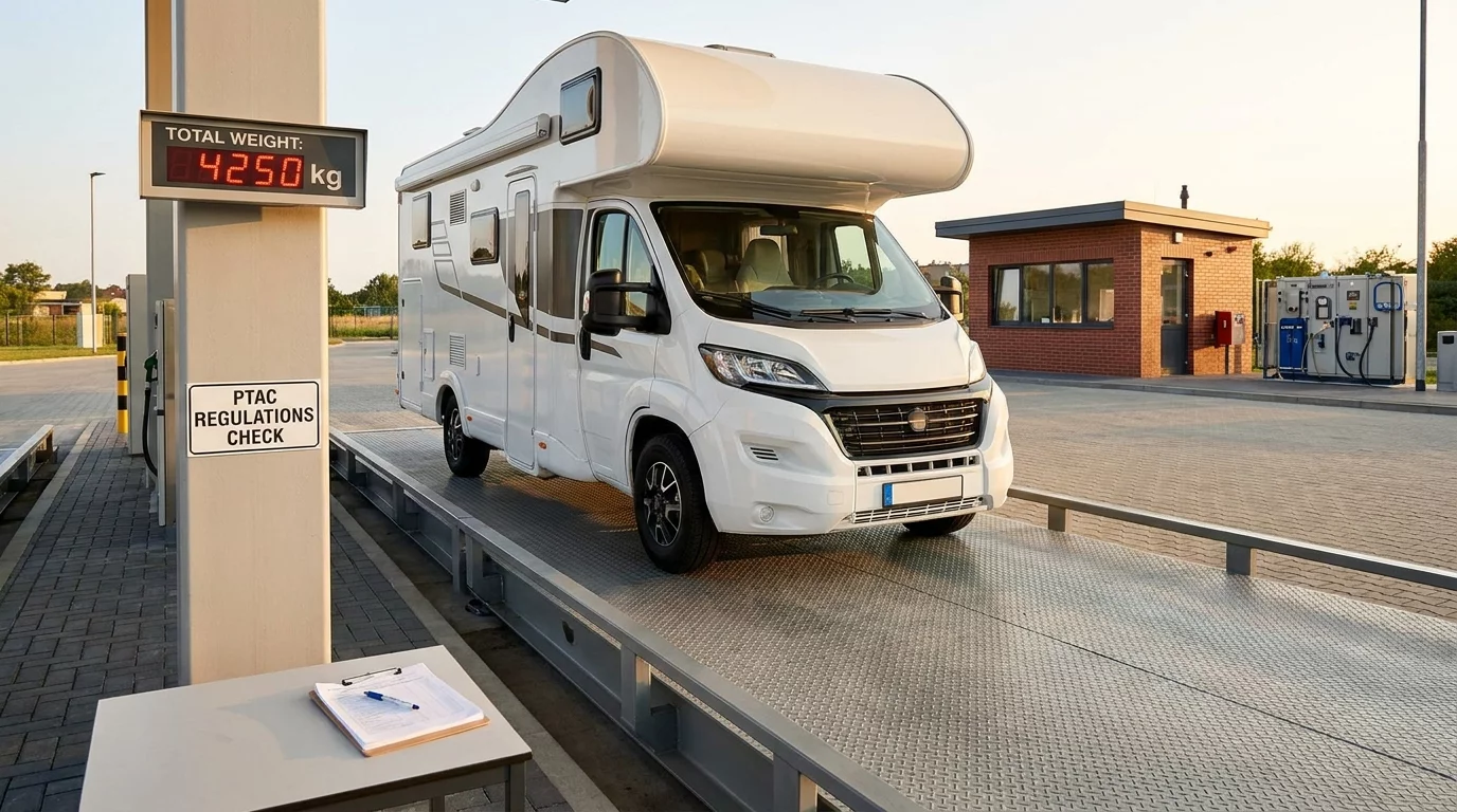 Camping-car sur pont bascule pour pesee