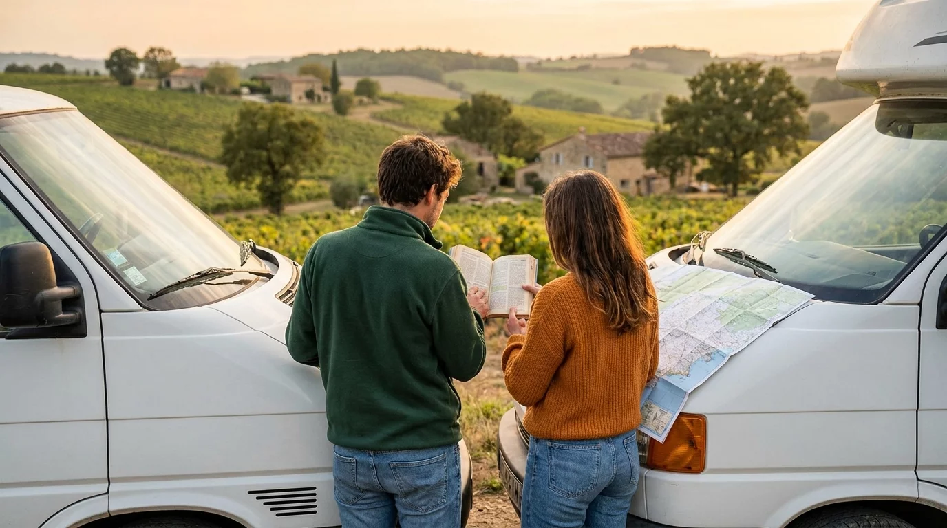 Couple consultant un guide devant leur camping-car