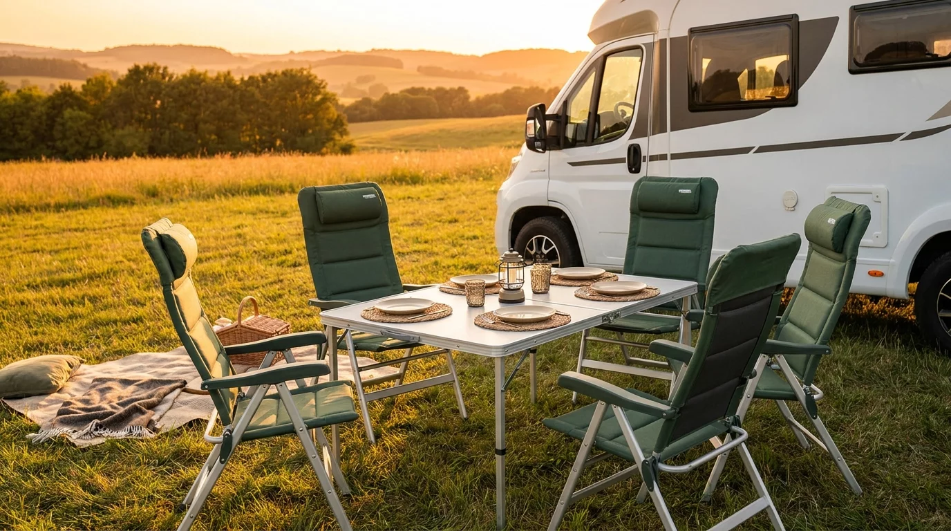 Ensemble table et chaises camping devant camping-car