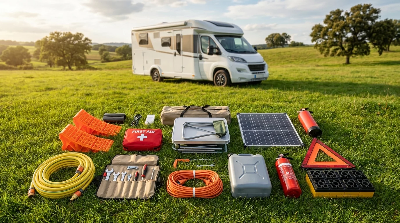 Equipement essentiel etale devant camping-car