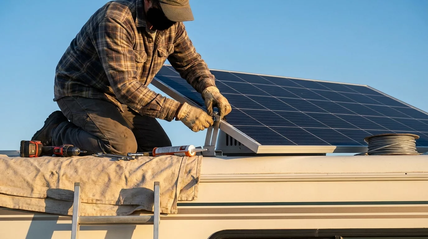 Installation panneau solaire sur toit camping-car en cours