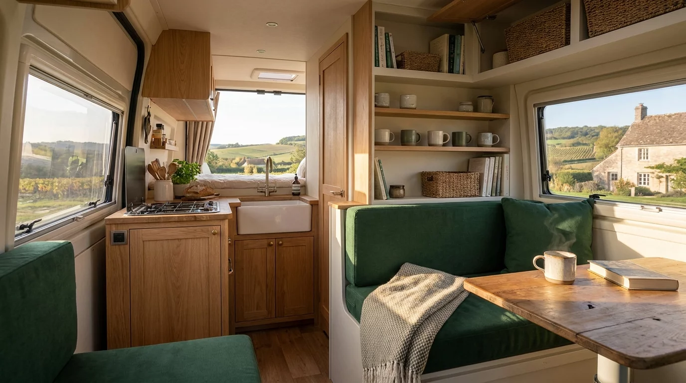 Interieur amenage de camping-car avec cuisine et rangements