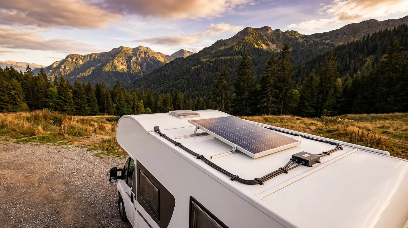 Panneau solaire installe sur toit de camping-car