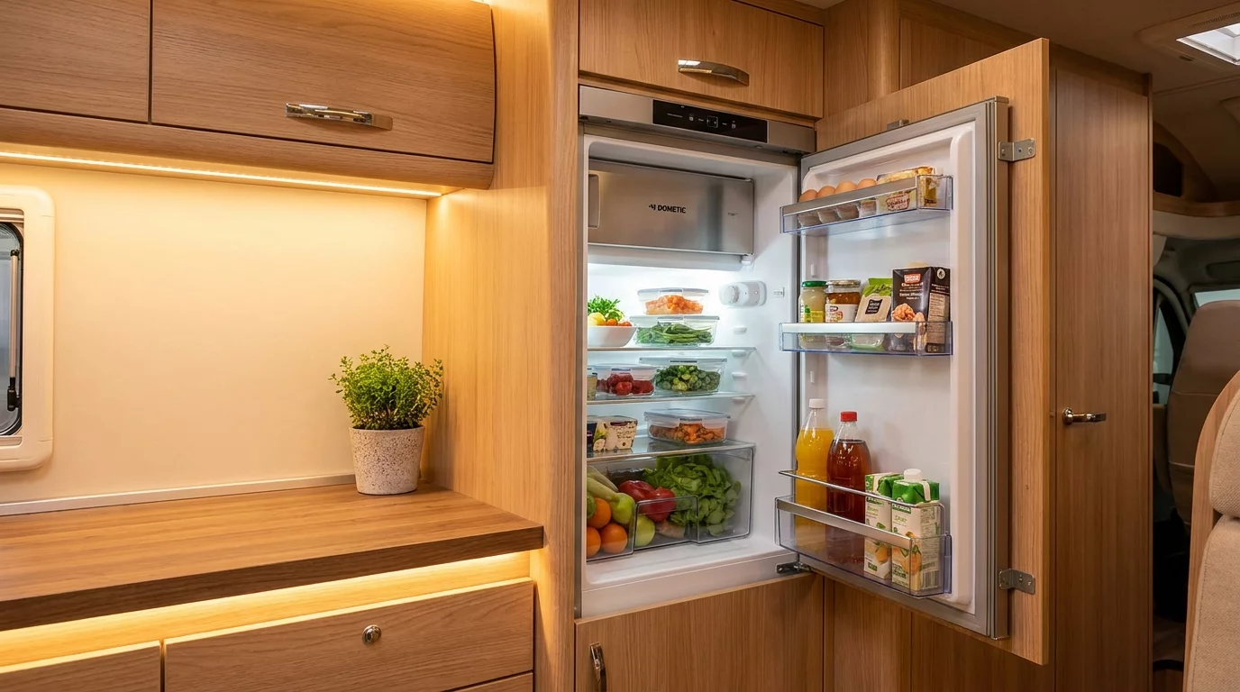 Refrigerateur Dometic installe dans cuisine camping-car