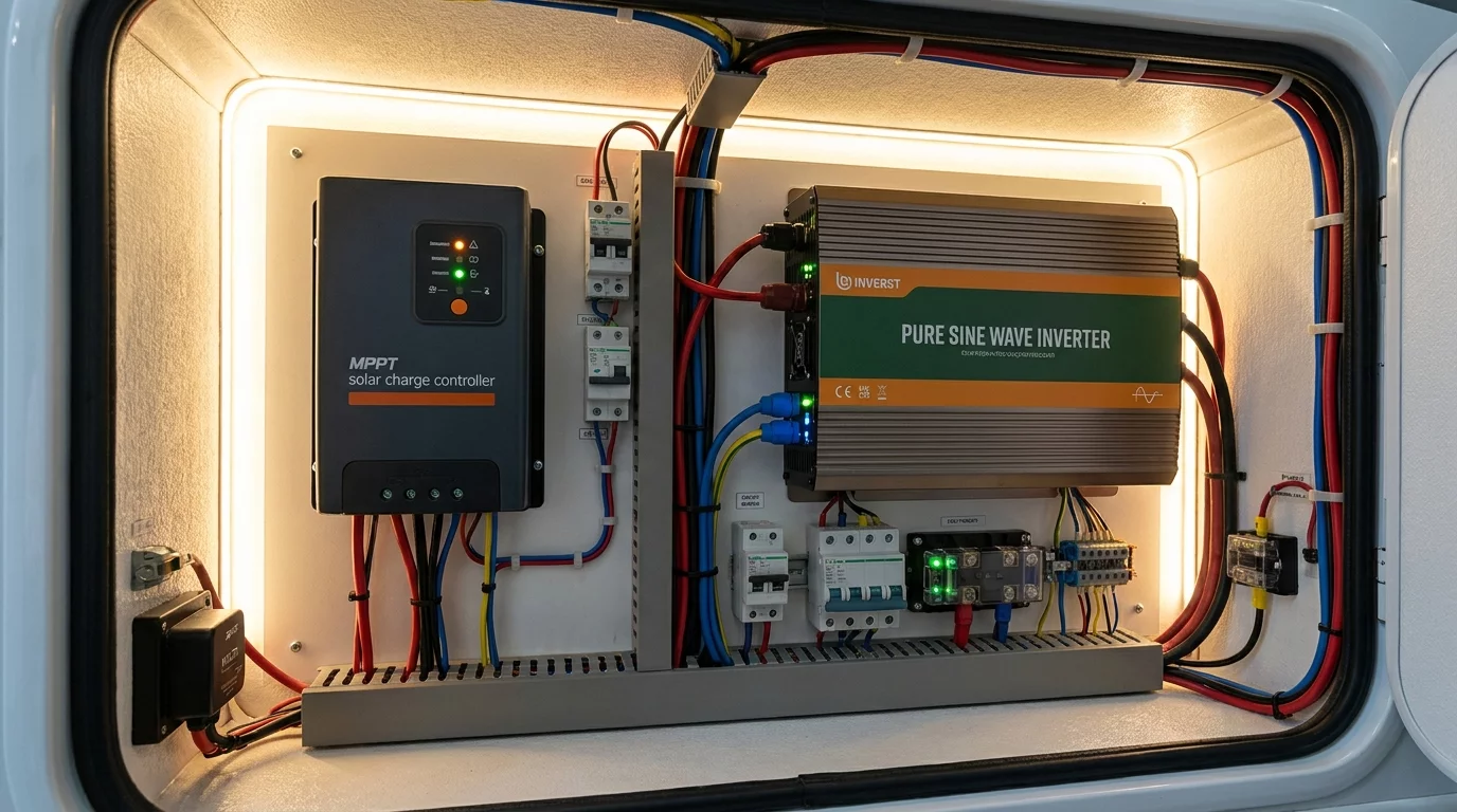 Regulateur MPPT et convertisseur installes dans soute camping-car