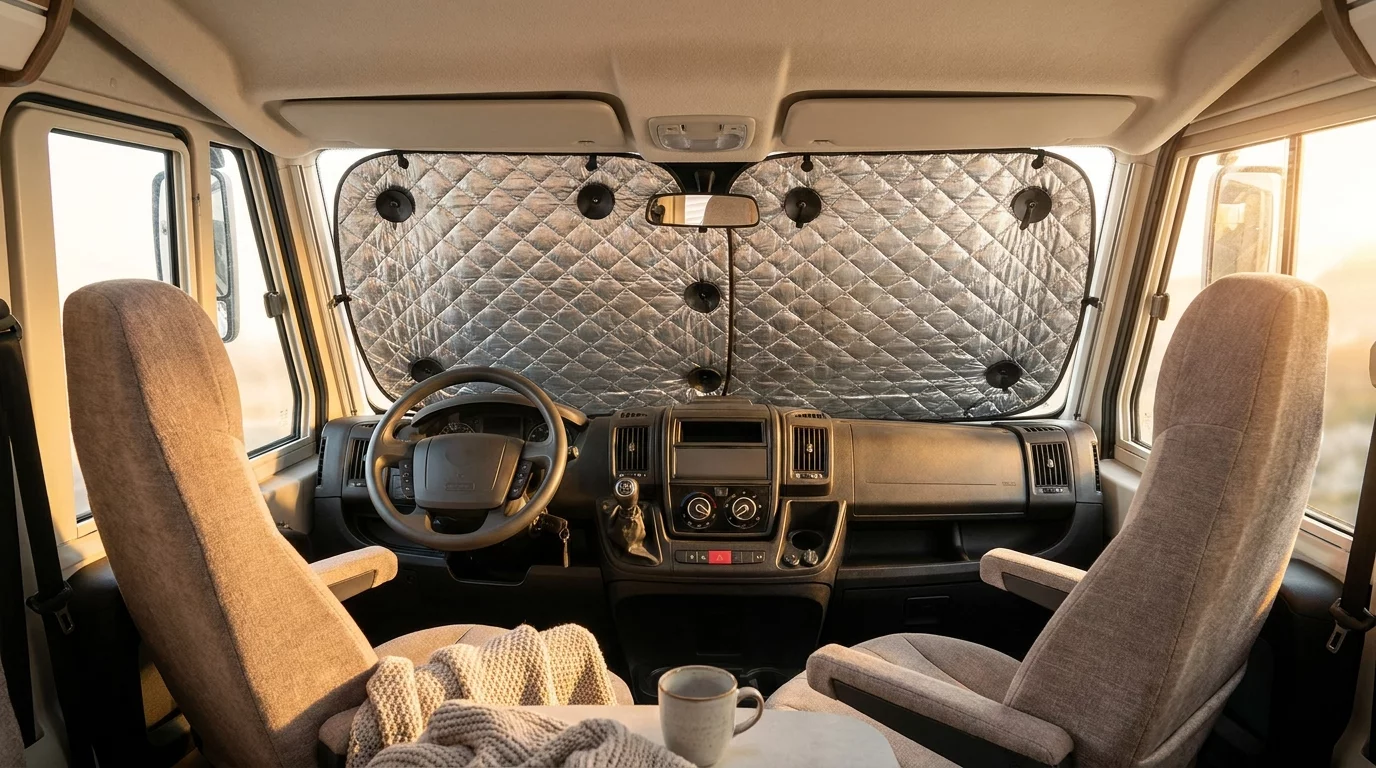 Volet isotherme installe sur pare-brise camping-car
